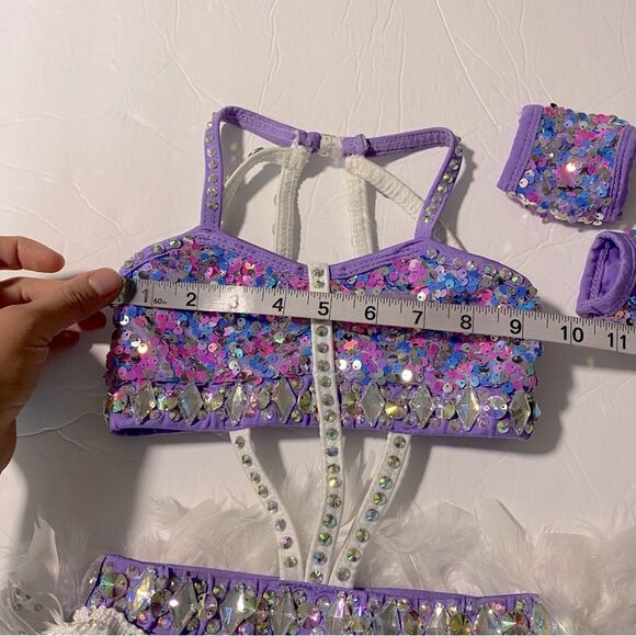 Glamour solo dance costume custom 2 piece lavender rhinestone feather sassy SC - Picture 10 of 12